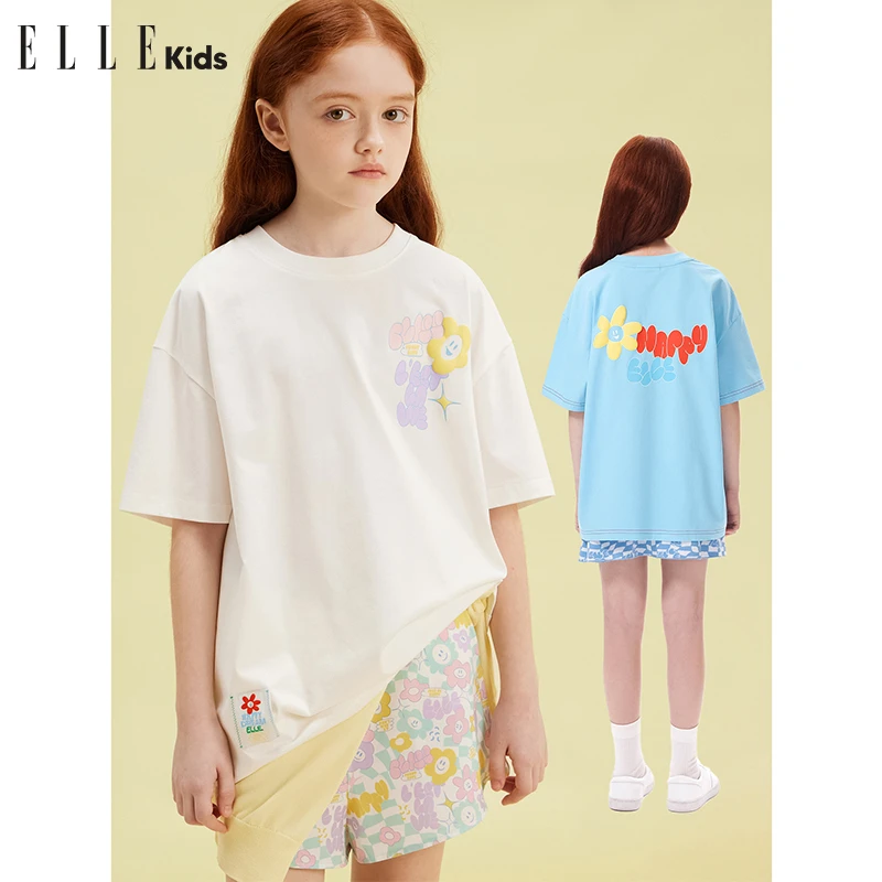 6160 ELLE KIDS花朵发泡印花针织短袖女童夏季新款百搭多彩T恤A2