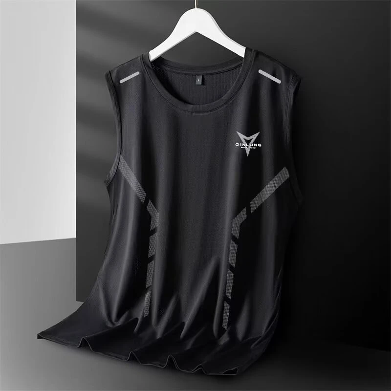 冰丝背心男夏季速干砍袖网眼无袖T恤大码男装宽松跨栏运动坎袖