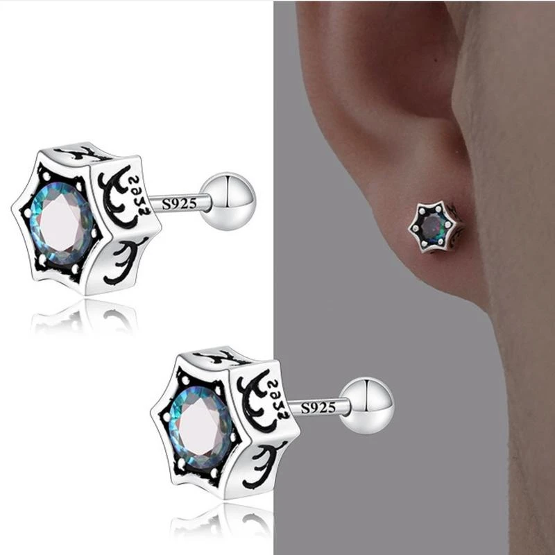 925银针耳钉男复古冷淡风2025年新款潮高级感幻彩六角星男款耳饰