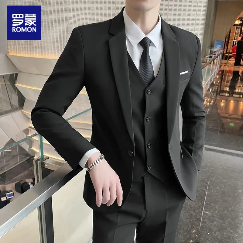 罗蒙西服套装男三件套商务职业正装小西装韩版修身新郎结婚礼服男
