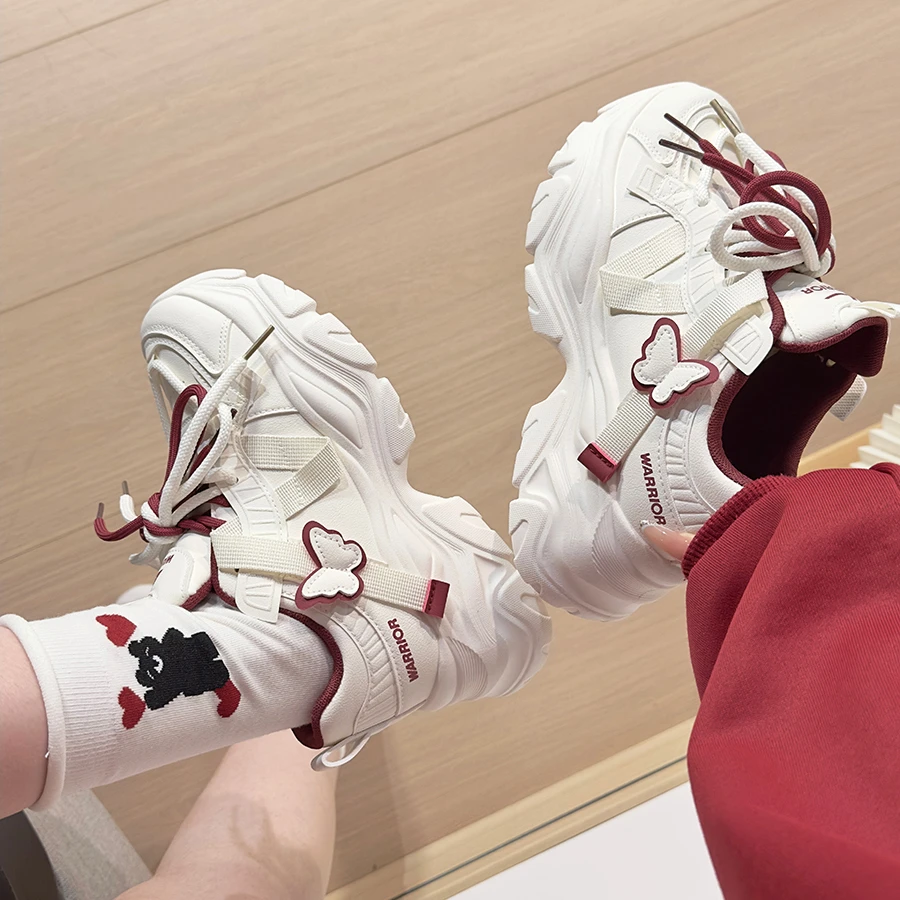 回力红色蝴蝶运动鞋女2025新款厚底增高5CM老爹鞋百搭港风休闲鞋