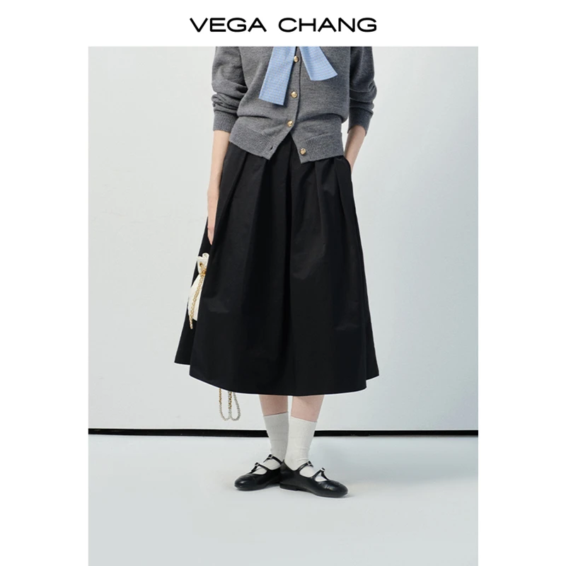 VEGA CHANG裙子女2025春新款高腰纯色A字裙设计流行高级感半身裙