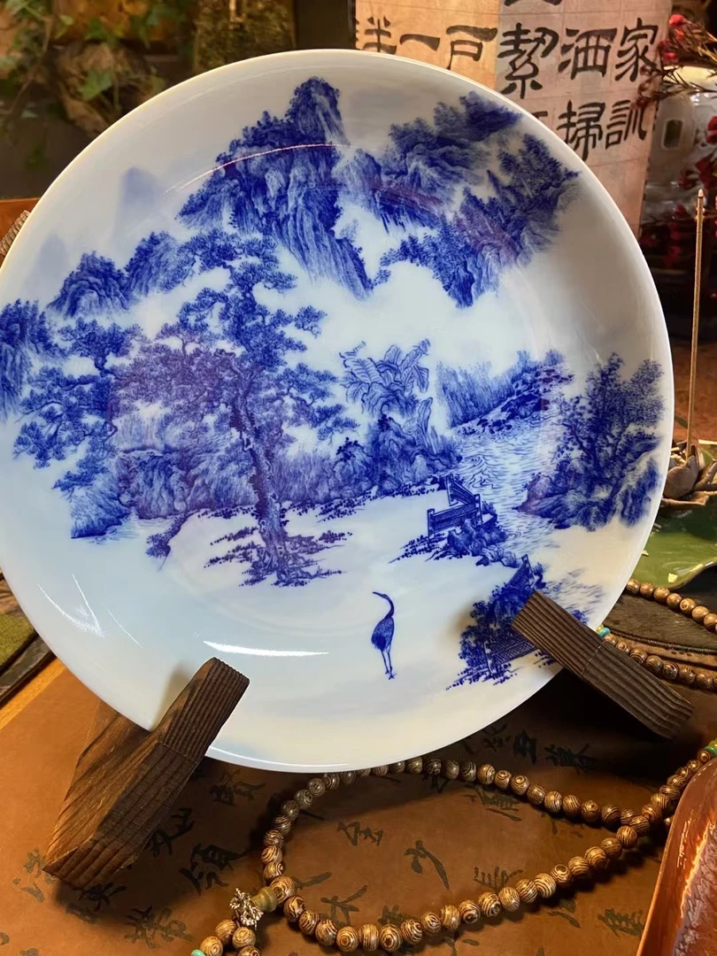 浮生闲青花山水赏盘壶承陶瓷家用复古青花瓷中式蓝色盘子茶具碟子