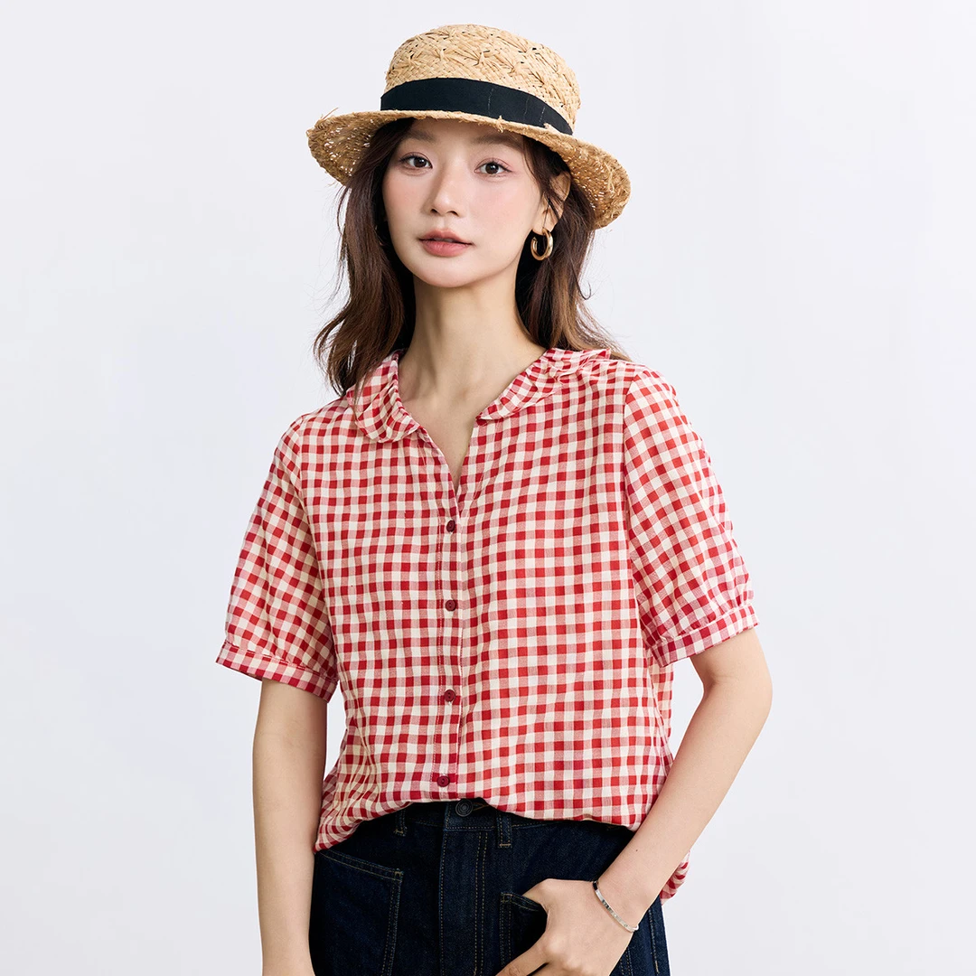 文艺复古娃娃领格子衬衫女2025夏季新款港风学院薄款短袖衬衣