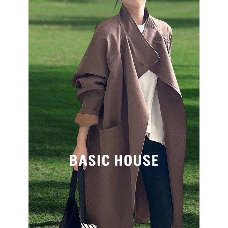 Basic House/百家好松弛感中长款廓形垂感风衣外套女2025秋季新款