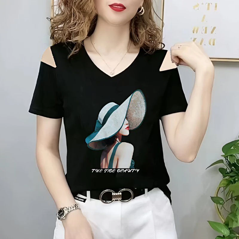 大码v领女士露肩短袖t恤宽松鸡心领2025夏装新款洋气遮肚显瘦潮