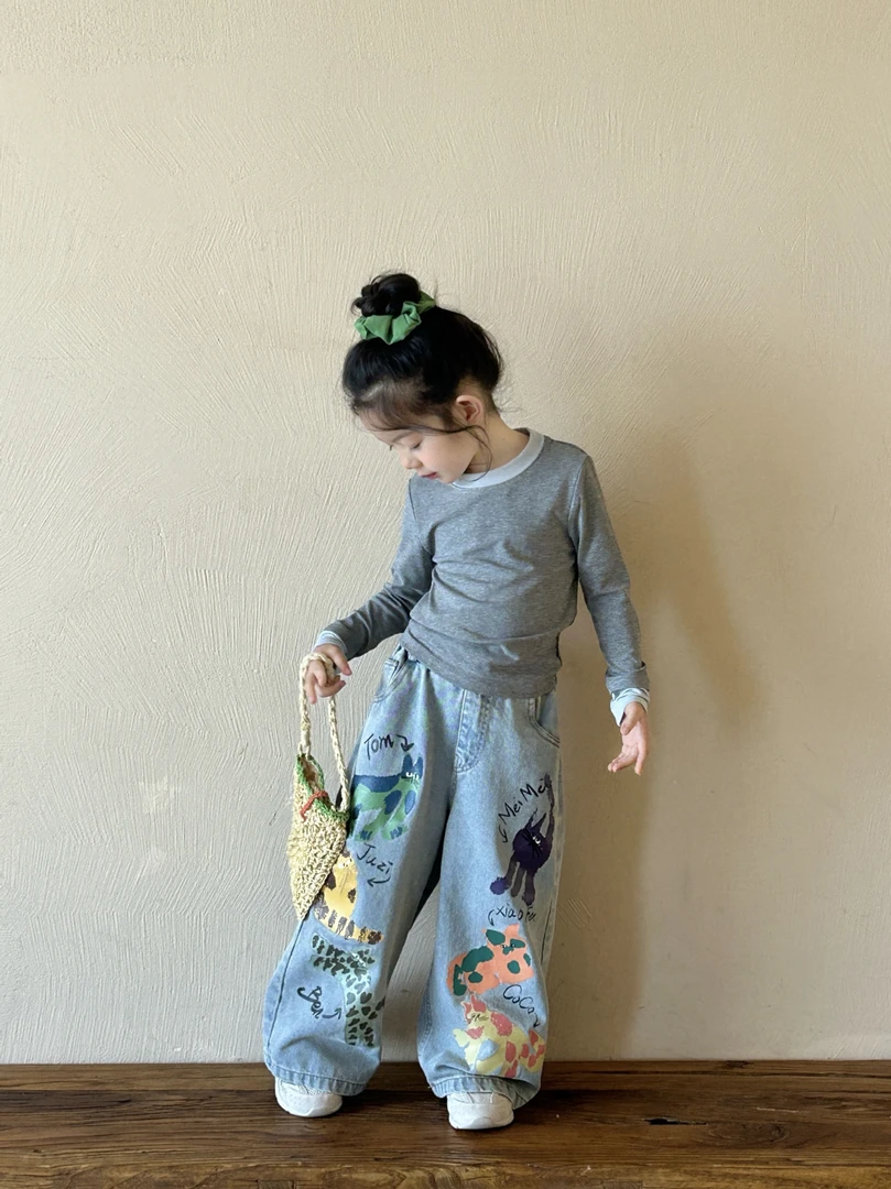 女童2025春季新款中小童韩版假两件长袖上衣 印花涂鸦牛仔裤洋气