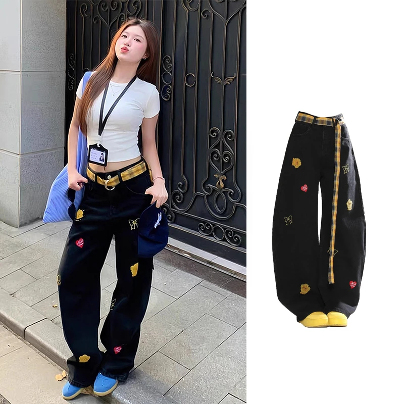 美式辣妹刺绣卡通格纹牛仔裤女2025年秋季新款宽松显瘦直筒休闲裤