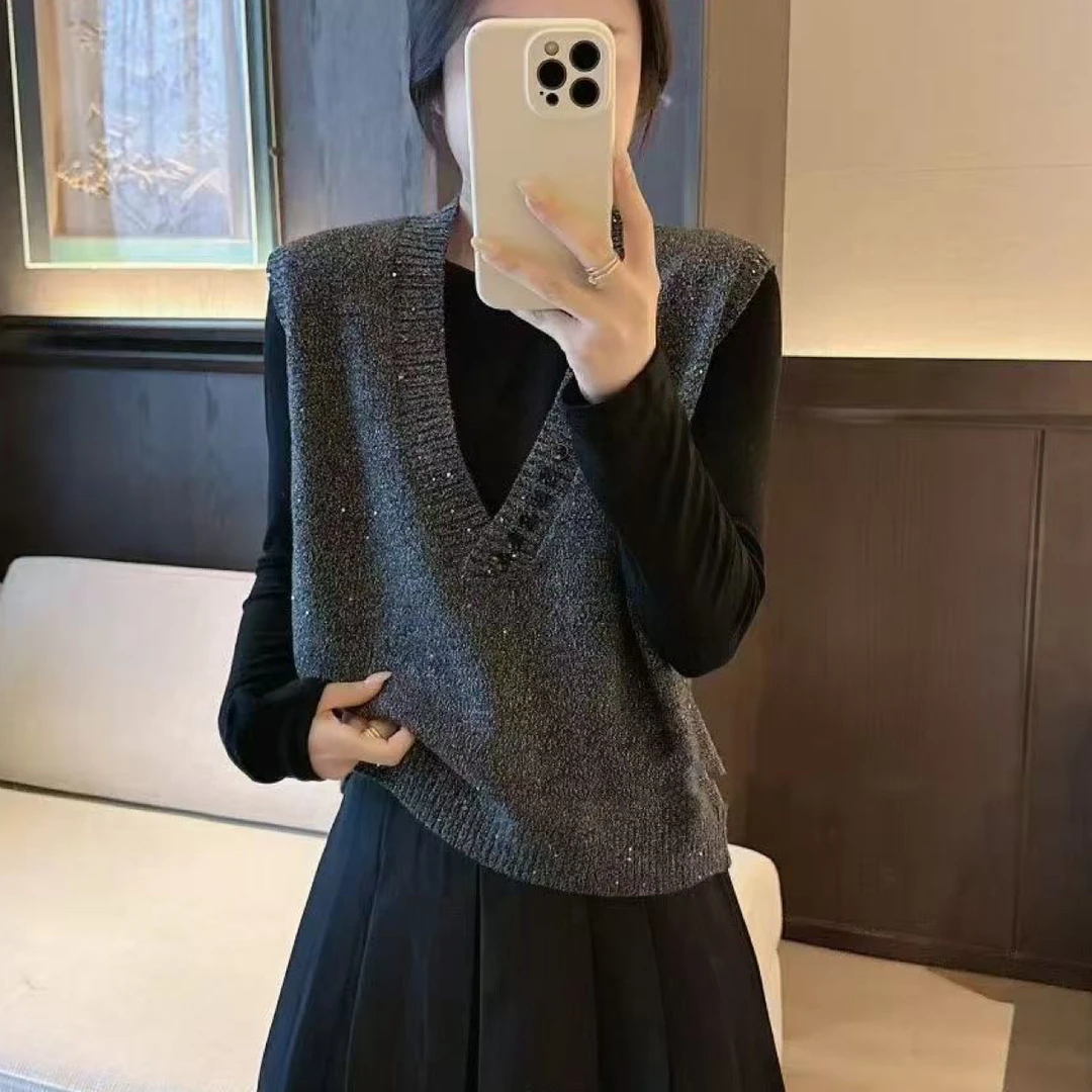 9705亮片v领无袖坎肩马甲针织背心两件套女宽松叠穿长袖T恤上衣