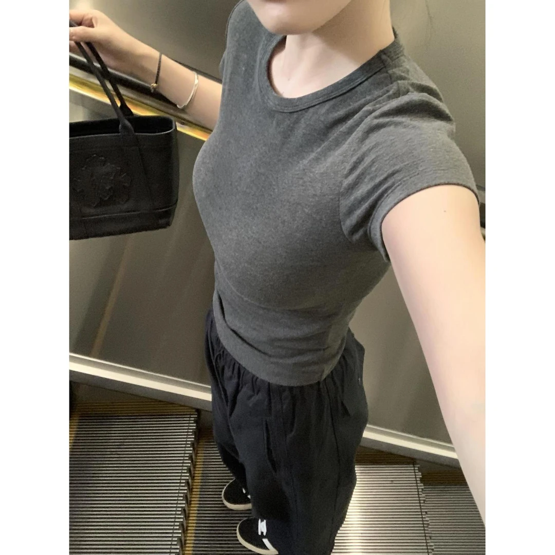 40支纯棉2025夏季正肩圆领叠穿复古短袖t恤女修身显瘦韩系上衣服