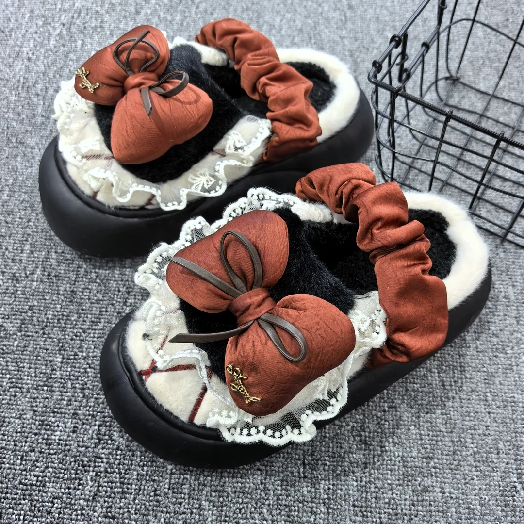 小宁北欧式宫廷蝴蝶结包头拖鞋女2025年冬季新款室内居厚底棉拖鞋