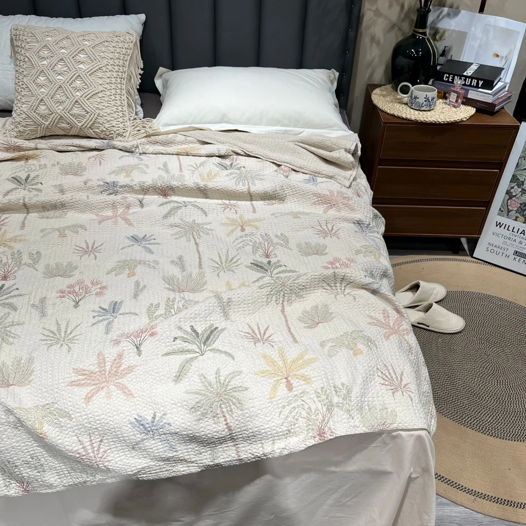 【熹棠家居】棉麻床盖海岛风斜纹双层盖毯、沙发毯、午休毯印花绗缝