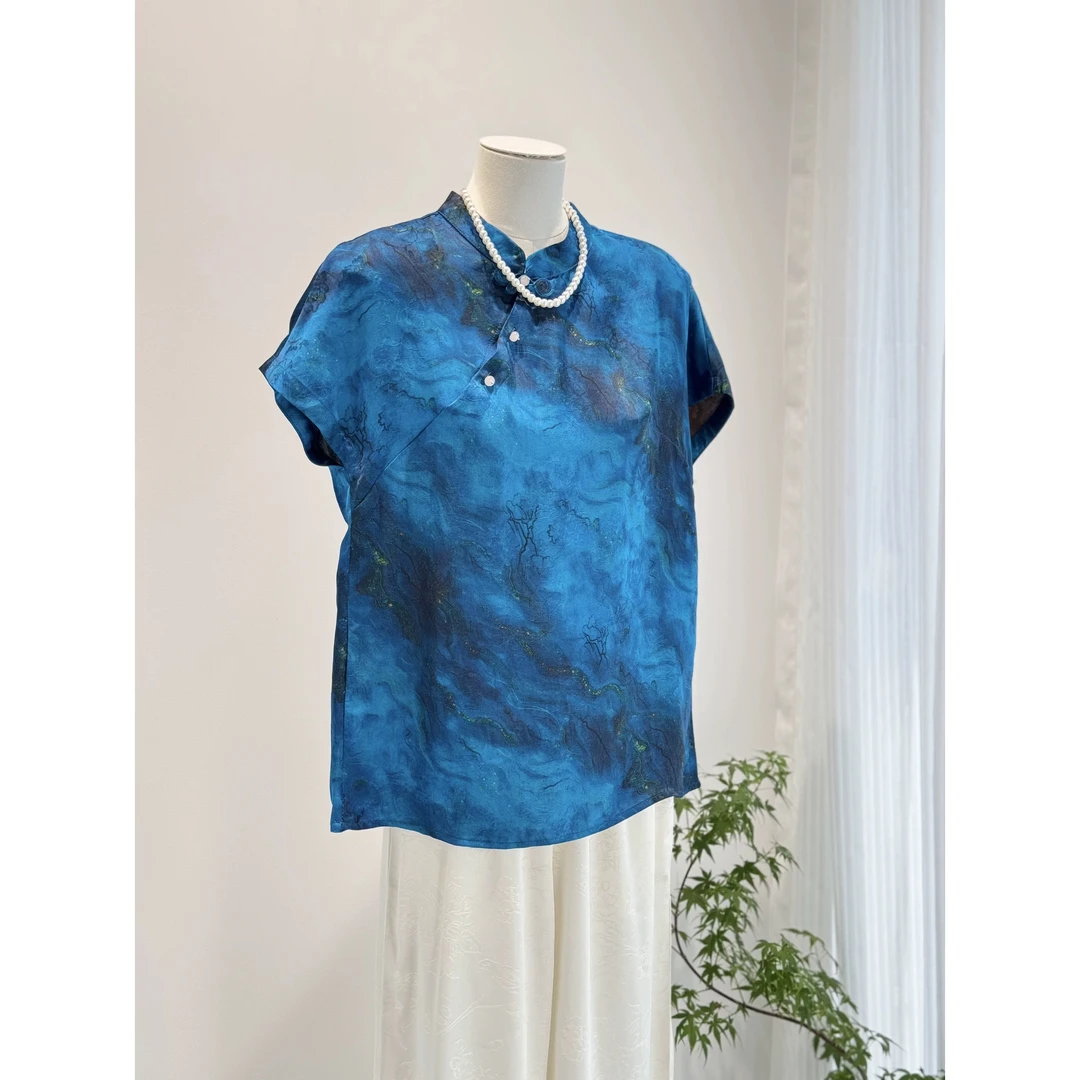 【墨染山河】新中式国风香云纱刻花老料旗袍立领斜襟盘扣小飞袖上衣