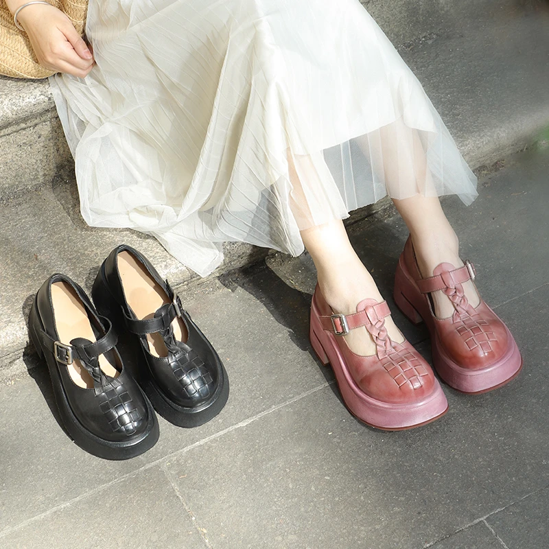 谜丫蜜原创水洗牛皮厚底鞋女2025年春夏新款复古一字带四季单鞋子