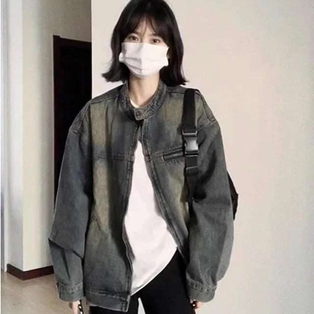 美式复古蓝色牛仔外套女春秋小个子宽松慵懒工装夹克拉链开衫上衣