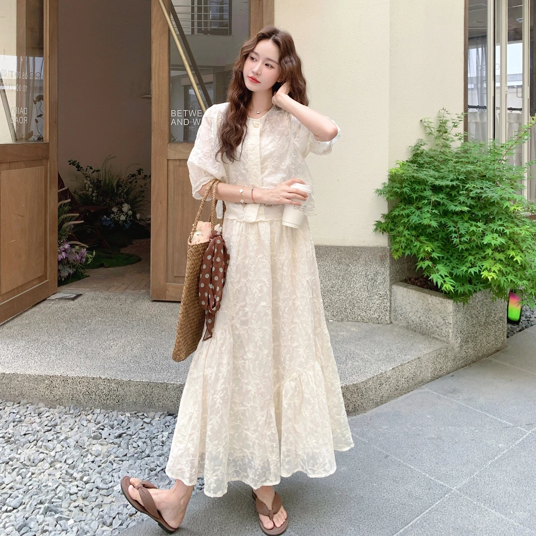 米白色蕾丝套装女夏季2025新款温柔气质高级感女生韩系ins衣服