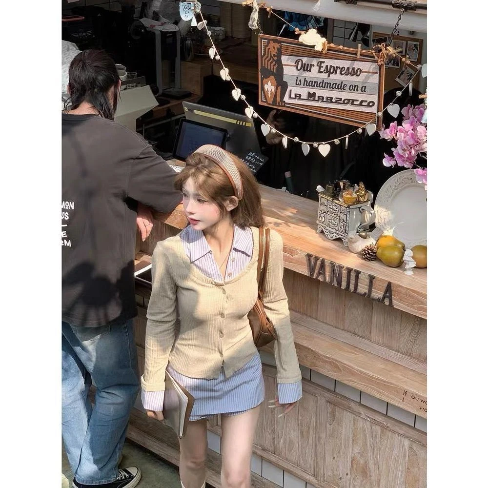 套装女2025秋季新款韩系气质设计感翻领条纹拼接假两件衬衫半身裙