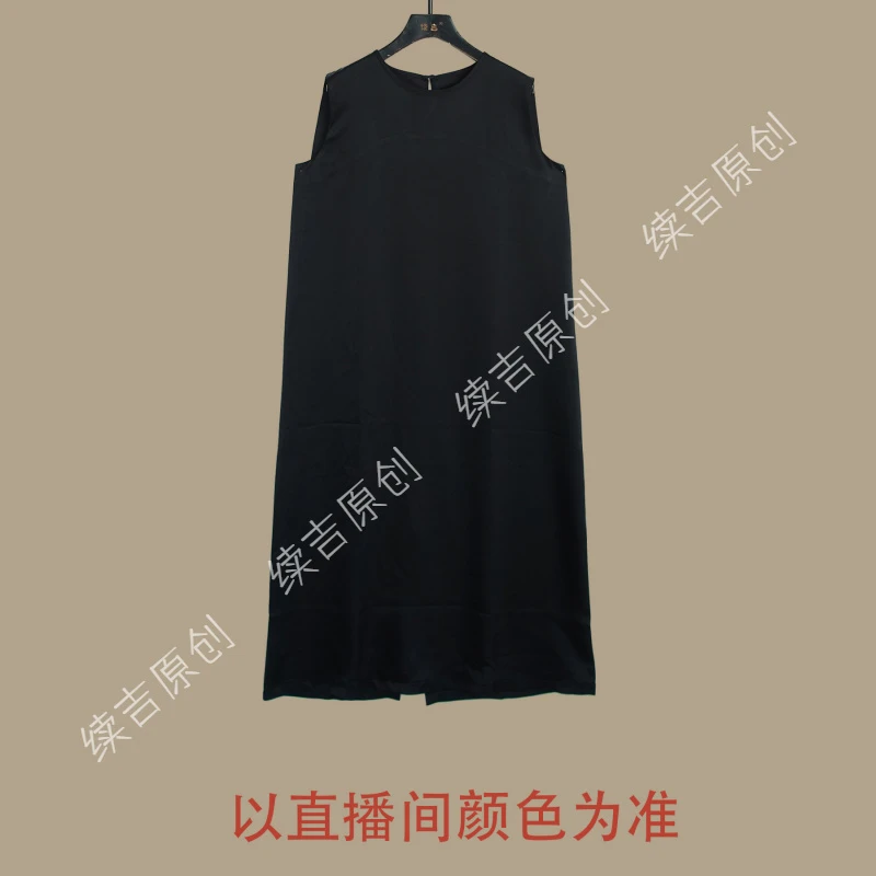 续吉出品4678（山茶）黑色无袖连衣裙气质中长款直筒裙圆领极简长