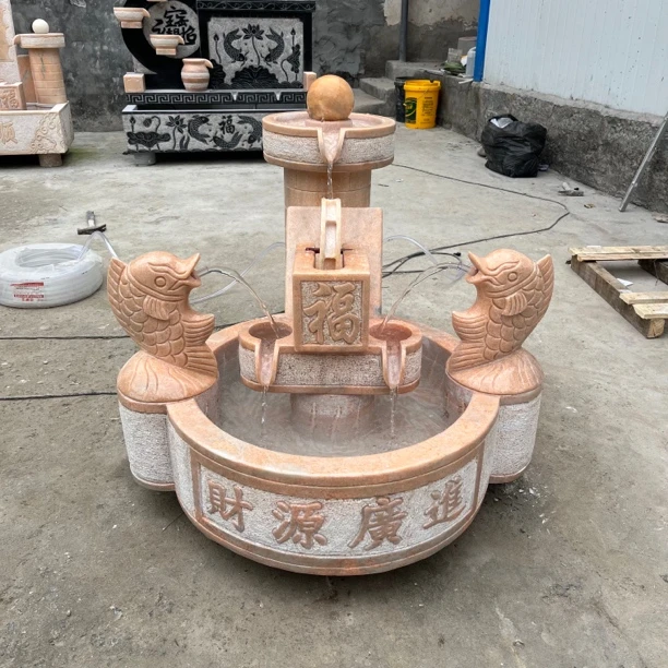 石雕流水摆件庭院摆件晚霞红材质室内室外装饰摆件