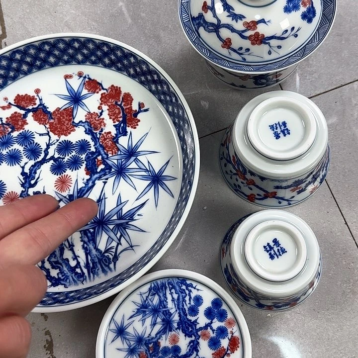 瓷片釉里红松竹梅5件套景德镇