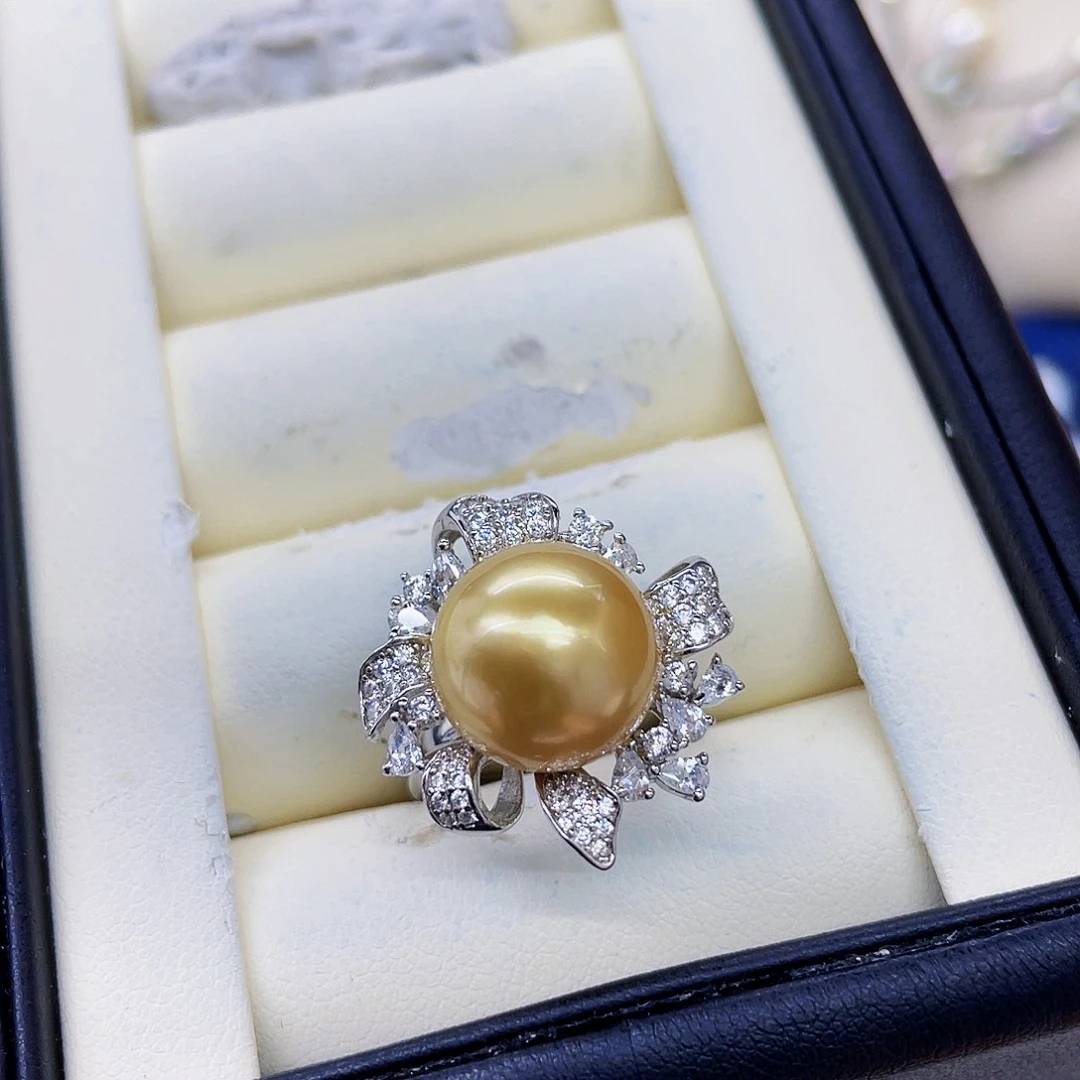 银S925镶嵌戒圈海水珍珠金珠花朵戒指12.6mm