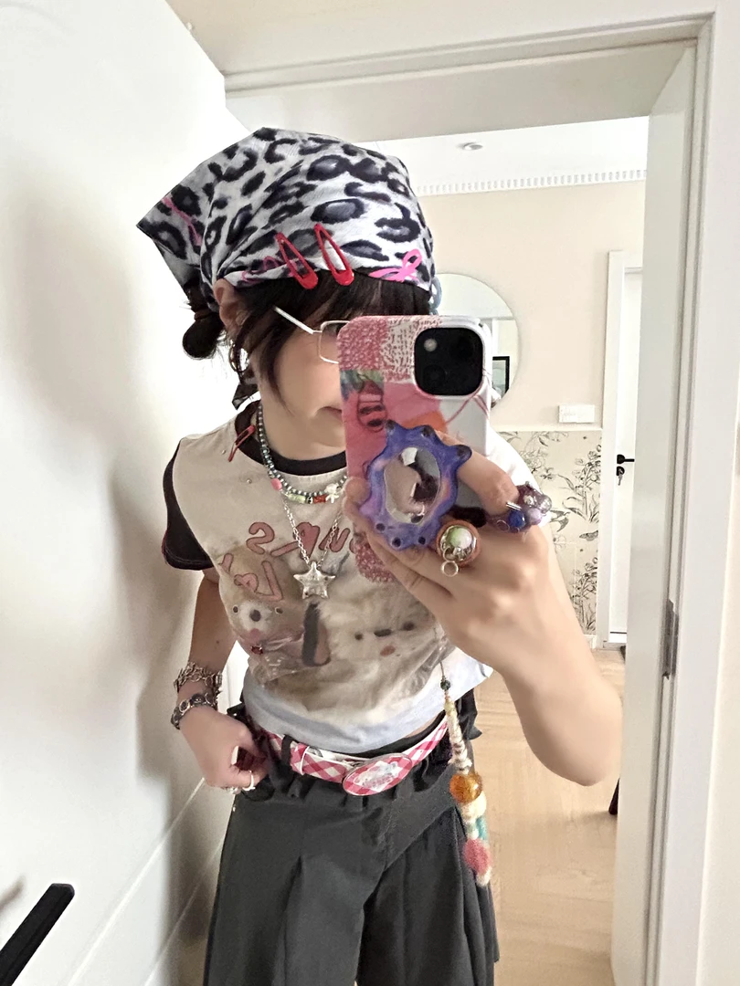 Y2K潮牌日系可爱印花正肩纯棉上衣女夏季辣妹小众美式修身短款T恤