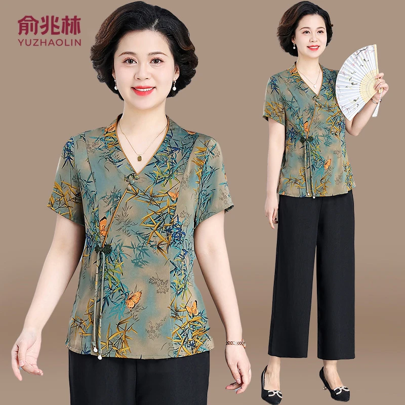 品牌新中式妈妈夏装套装中老年人女装短袖小衫贵夫人夏季国风上衣