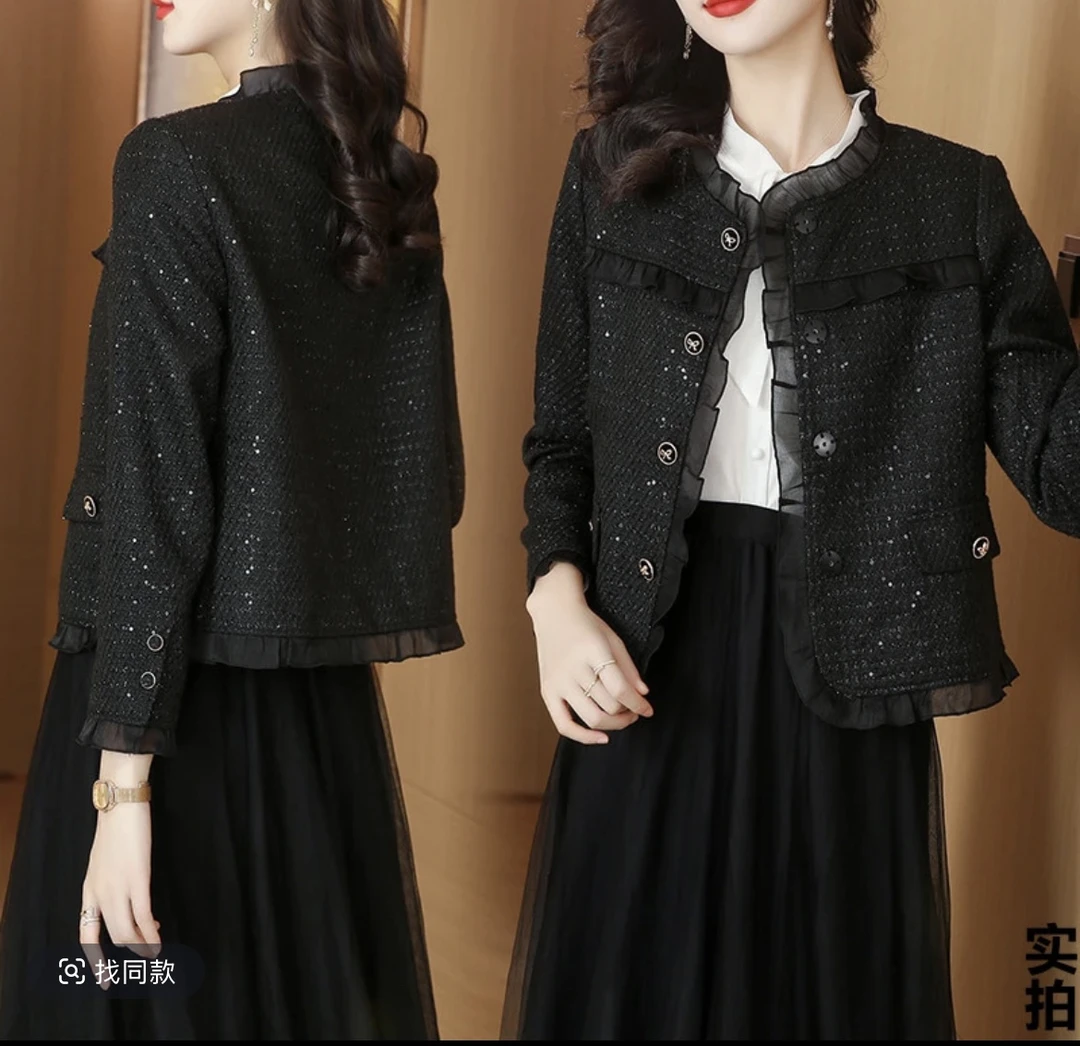 2025网红爆款早秋新款大码木耳边粗花小香风时尚显瘦外套1091