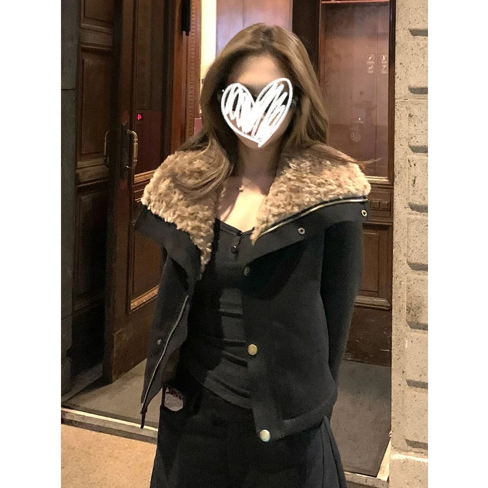 高街复古撞色翻领短款加绒外套女初冬新款小个子宽松显瘦长袖上衣