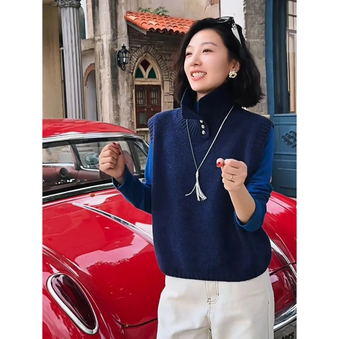 【小暖炉】法式半开高领针织衫马甲女士早秋冬叠穿保暖内搭背心上衣
