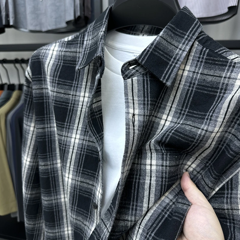 Zero Degree North100%纯棉格子长袖衬衫男士秋冬季磨毛简约衬衣