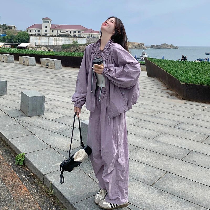 可盐可甜工装休闲运动紫色上衣套装女春秋2025新款束脚裤两件套潮