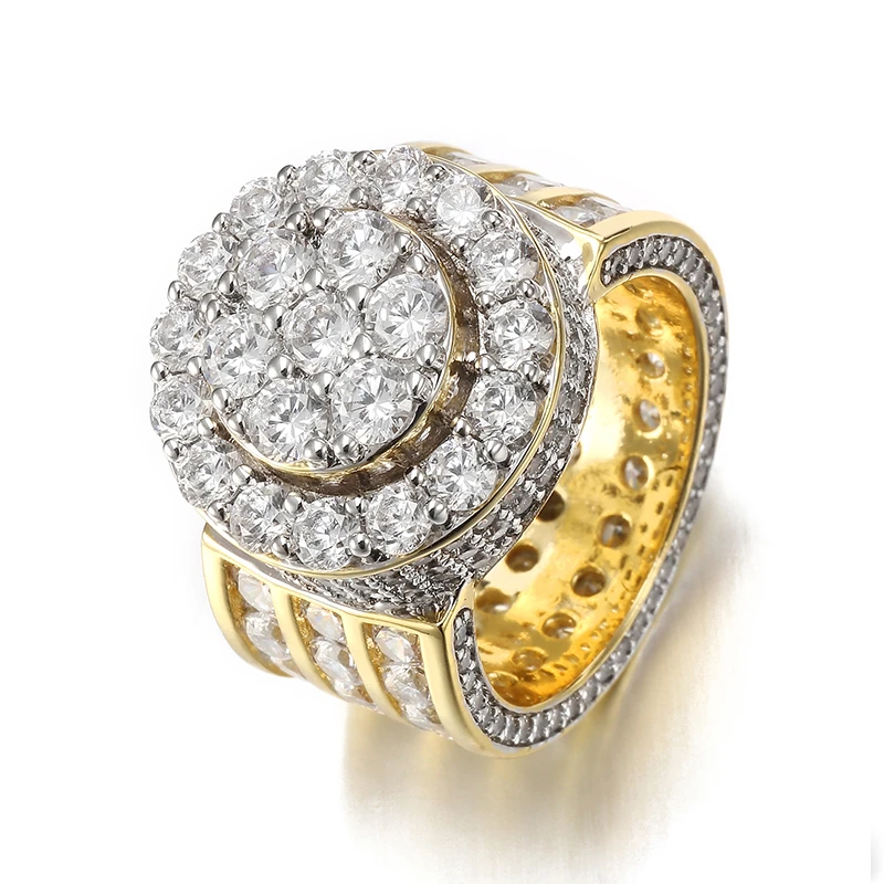 黄铜锆石戒指 欧美跨境圆形嘻哈戒指男款满钻镶嵌金色时尚饰品