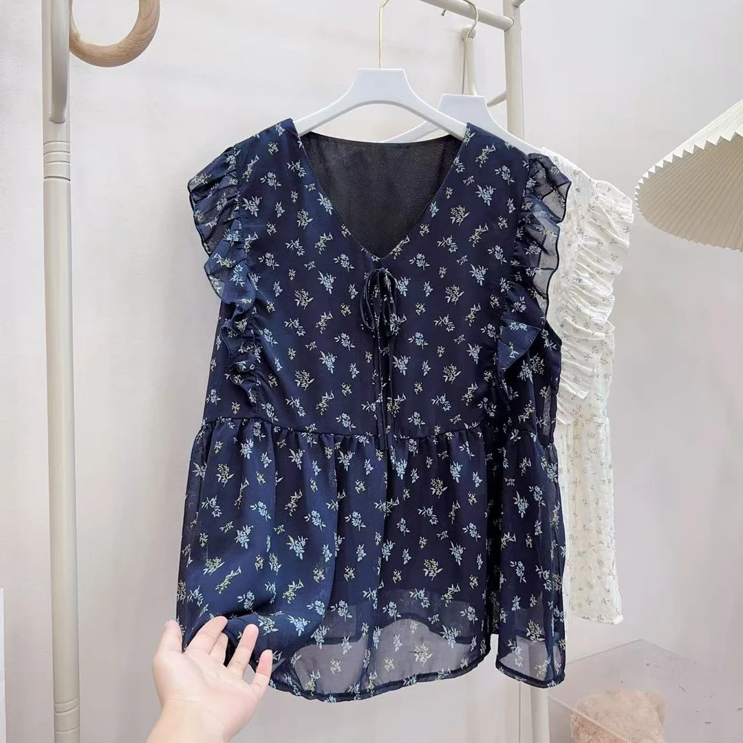 胖胖家*2166新款菲边减龄碎花蝴蝶结上衣