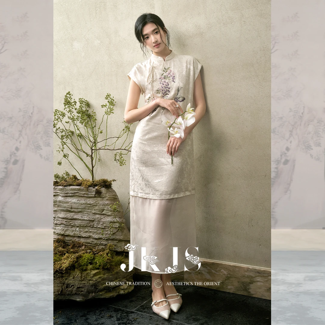 【JKJS】人丝亚麻长款旗袍改良连衣裙女夏季新中式绣花裙子