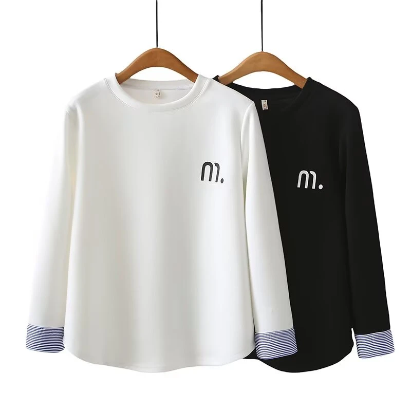 莘莘大码 长袖拼接T恤宽松大码圆领打底衫春季潮流韩版休闲内搭