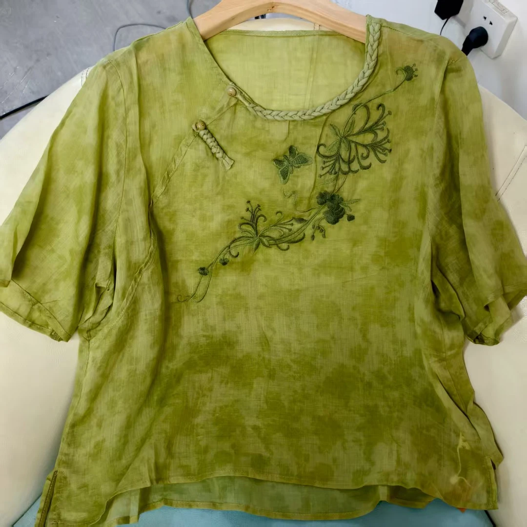新中式宽松苎麻小衫刺绣圆领碎花短袖上衣3032-1肩40胸114长60
