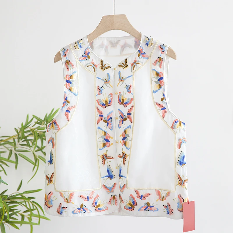 新中式马甲女夏薄款无袖马夹背心重工刺绣花蝴蝶短款复古上衣005
