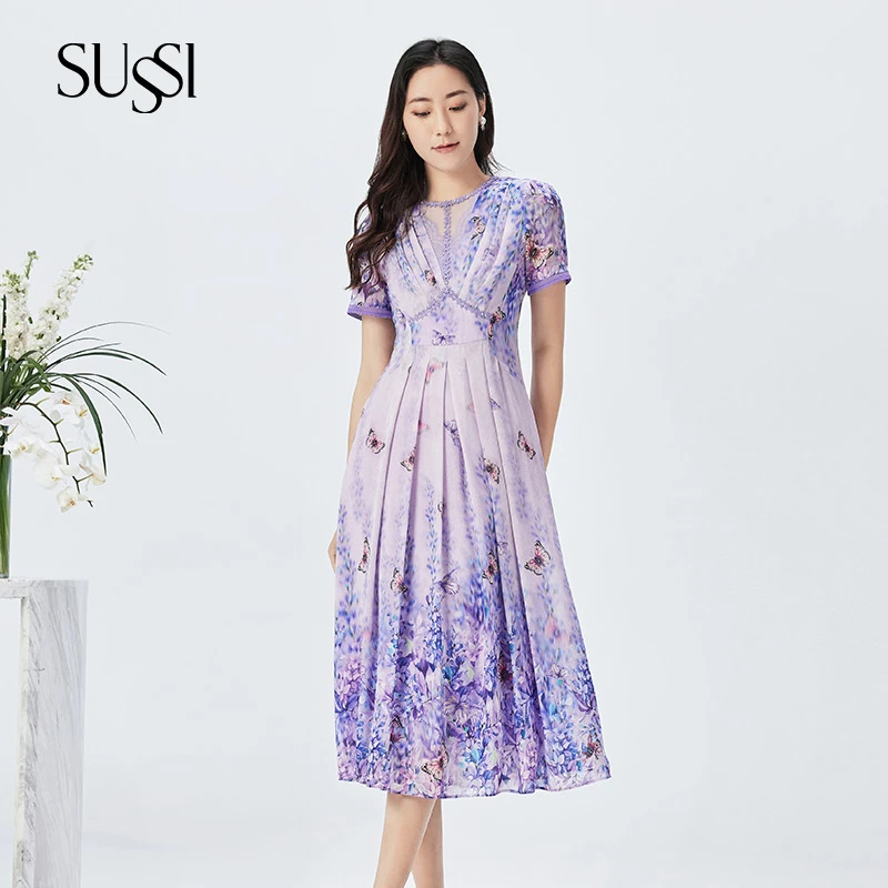 SUSSI/古色夏紫色雪纺圆领印花短袖高腰出游连衣裙女度假穿搭