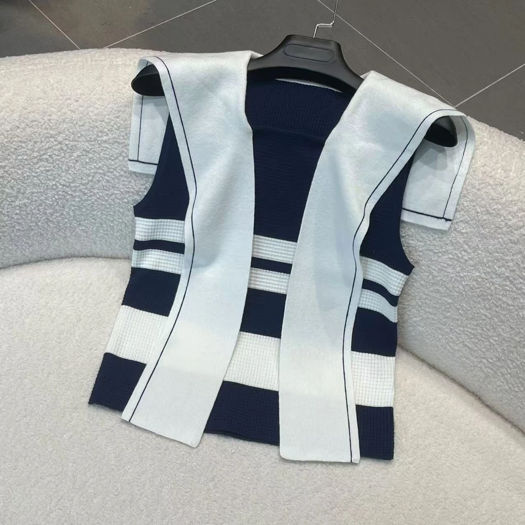 气质撞色百搭条纹假两件设计感针织上衣MZ-58