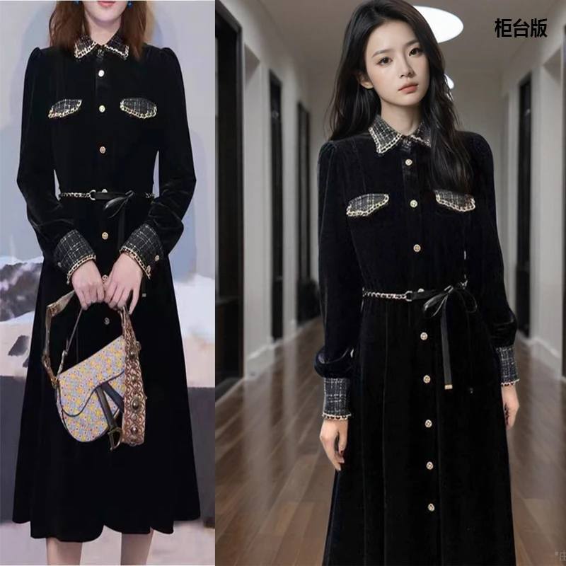 赵丽颖同款秋冬小香风连衣裙高端气质收腰显瘦黑色丝绒长裙礼服裙