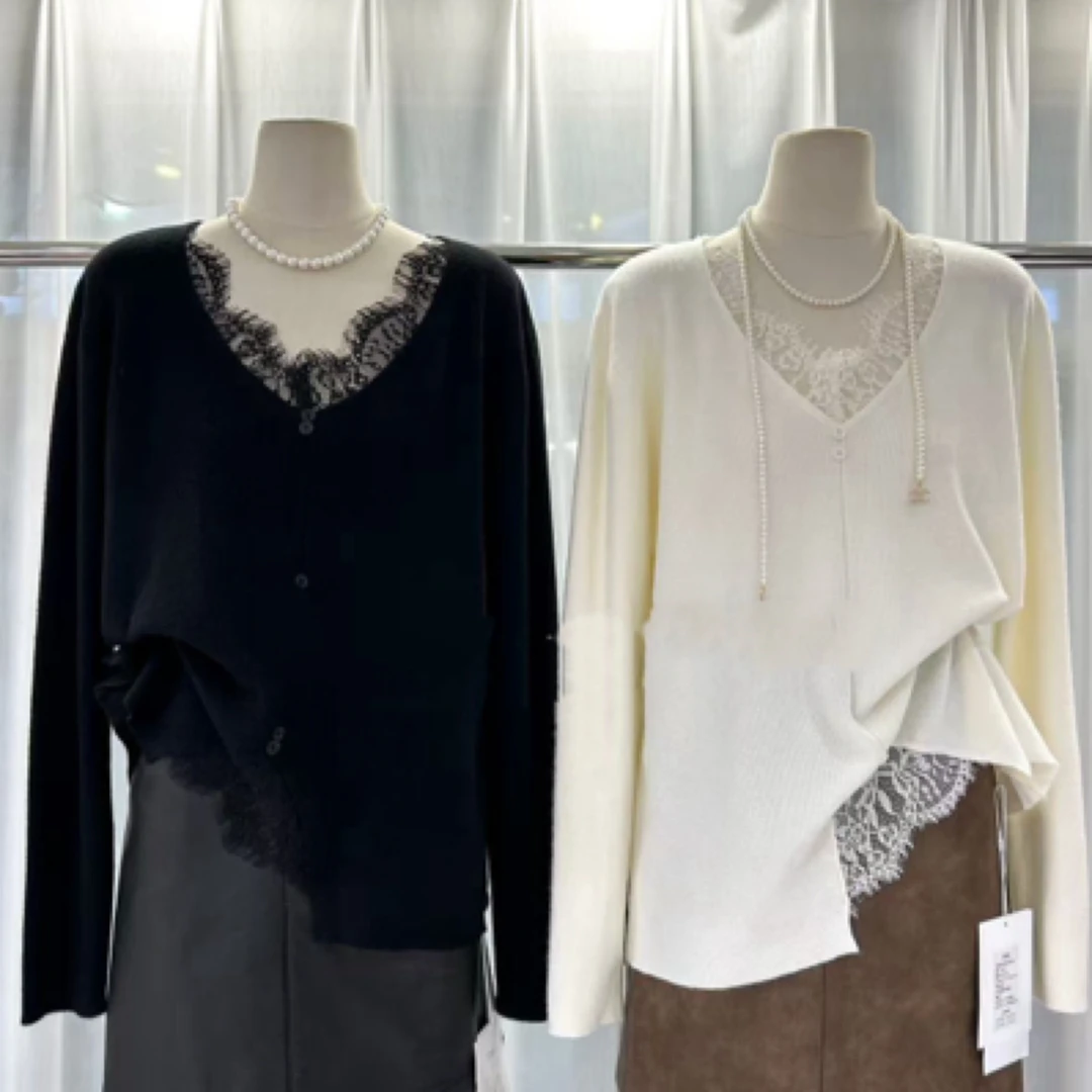 12850针织拼蕾丝针织衫（睫毛打底）