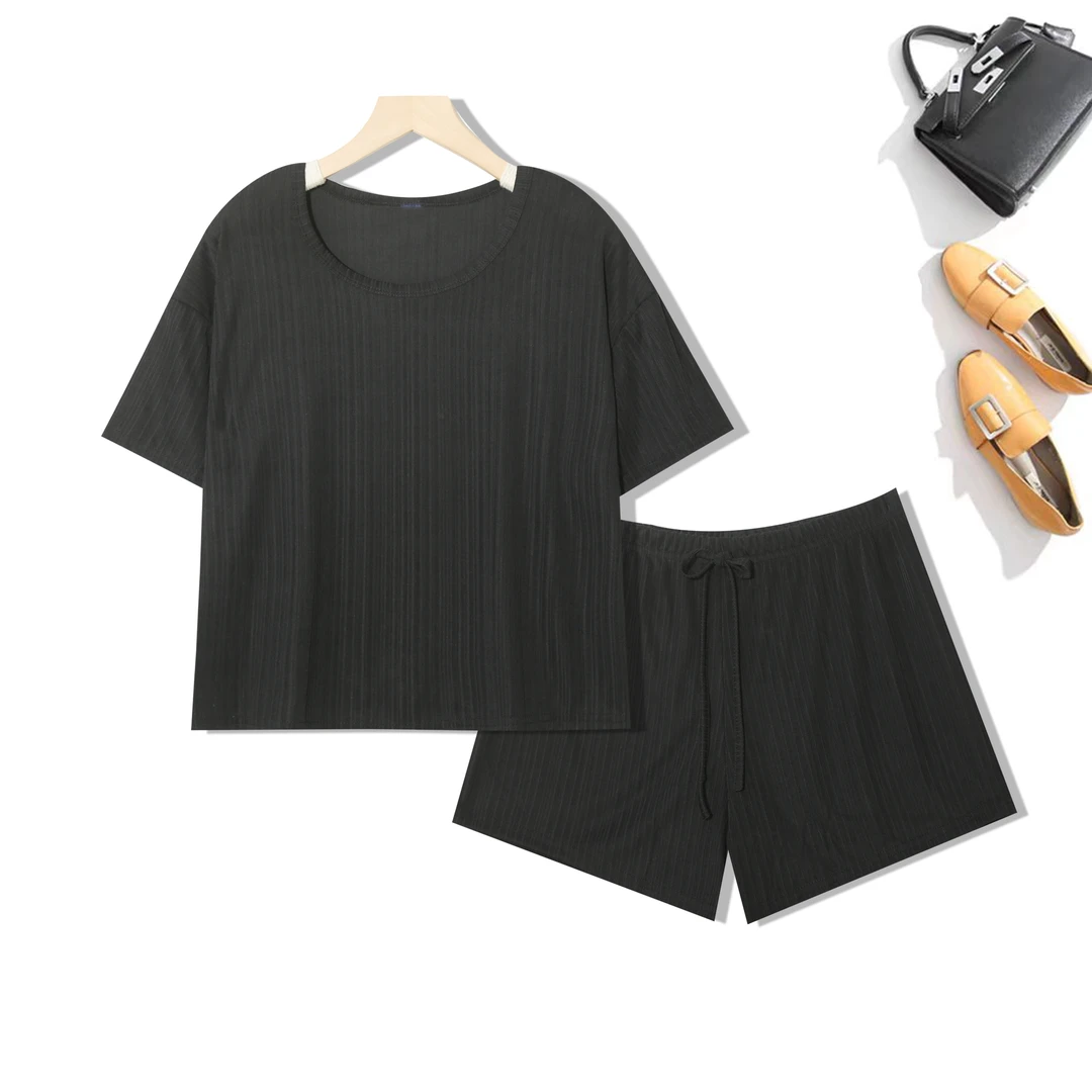 【特价】夏季女套装短袖t恤百搭圆领打底上衣松紧短裤两件套女N101