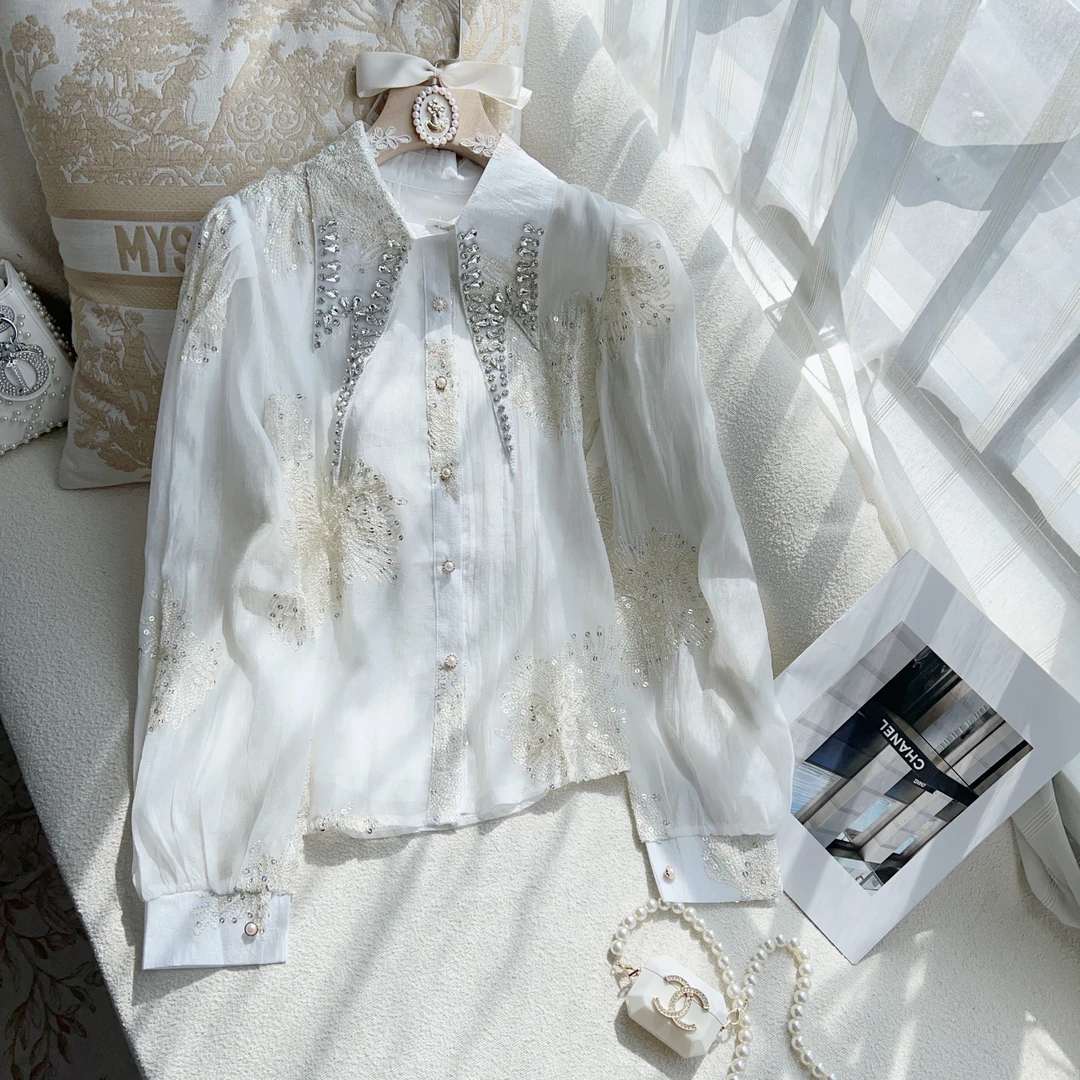 2025【燕尾】春季新款高级手工重工刺绣亮片衬衫双层有里衬