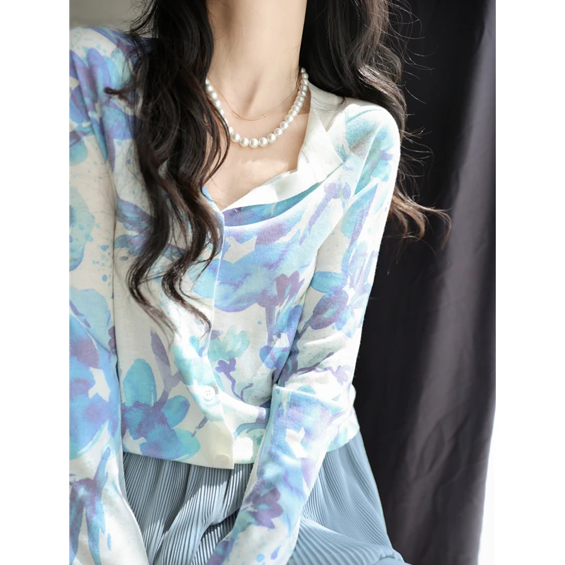 水墨晕染 水溶数码印花 软糯亲肤醋酸羊毛针织开衫长袖上衣女春夏