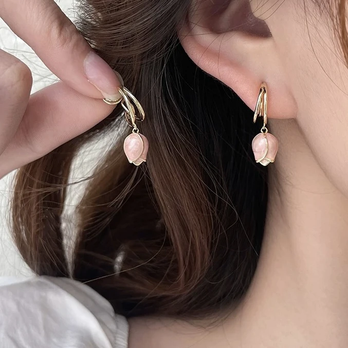 铜合金耳饰 粉色郁金香花朵耳环小众气质耳坠设计感法式耳饰E2197