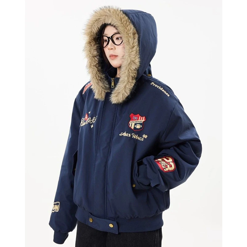 美式复古刺绣徽章毛领可拆卸连帽男女秋冬加厚情侣棉服外套#WY214