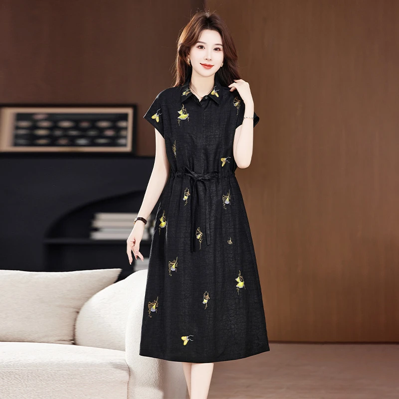 桑蚕丝连衣裙中长款翻领香云纱绣花女裙子2025夏新优雅气质真丝裙