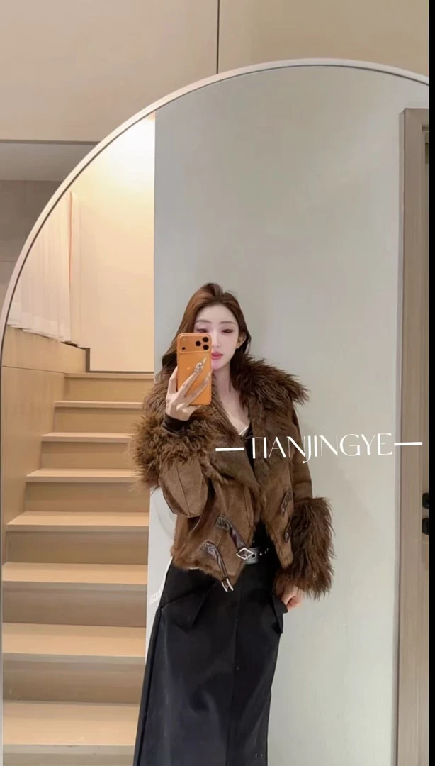 JINGYE25~冬季新款大翻领收腰卡扣拼接麂皮外套