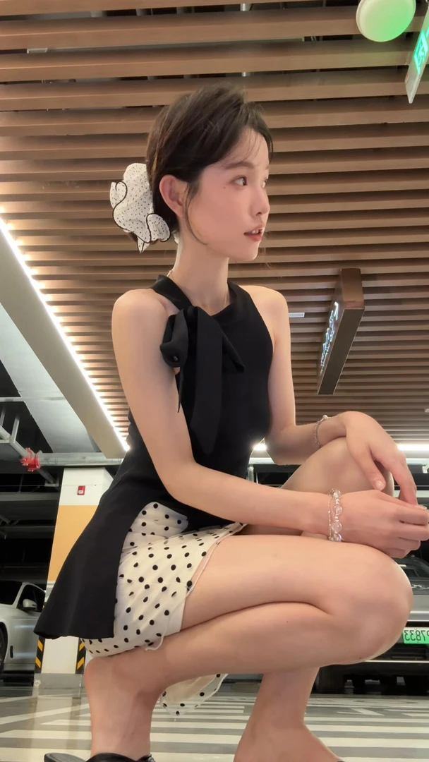 韩系甜酷黑色蝴蝶结无袖吊带背心2025夏季新款波点半身裙两件套装